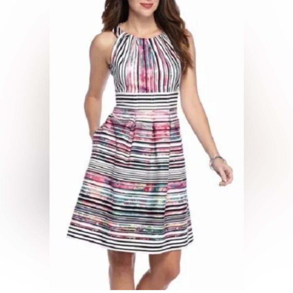 Nine West Tangerine Tango Combo Stripe Slvless High Neck Pleated Fit Flare Dress